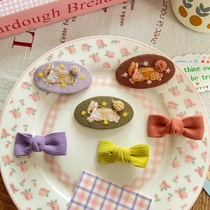 Sweet Korean style 6-piece hair clip set with bunny embroidery and cute fabric bows