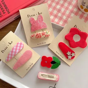 Coffret de barrettes coréennes en tissu avec oreilles de lapin roses et fleurs