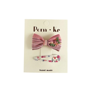 Pink striped bow hair clip with embroidered flowers and floral duckbill clip set