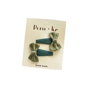 Sweet bow hair clip set in dark and bean green cotton linen fabric for women