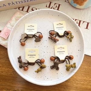 Set of 4 Korean style elastic hair ties with cute brown bear and heart resin charms