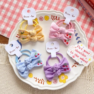 Chouchous à Noeud en Tissu Mignon pour Enfants Élastiques Brodés Cerise et Fleur Accessoires Cheveux Fait Main pour Filles