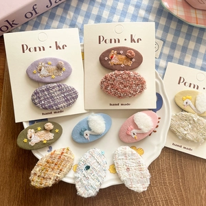 Handmade girls hair clips set with embroidery rabbit and swan patterns in tweed fabric