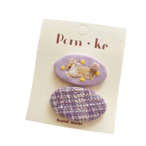 Handmade purple embroidery bunny and tweed hair clip set for girls on display card