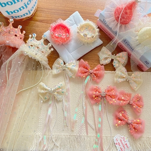 Bandeau Couronne en Tulle à Paillettes Doux avec Voile Enfants Filles Princesse Nœud Pinces à Cheveux Accessoires de Cheveux pour Fête d'Anniversaire