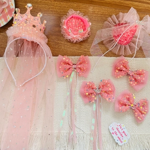 Serre-tête couronne à paillettes roses avec voile long et pinces à nœud assorties