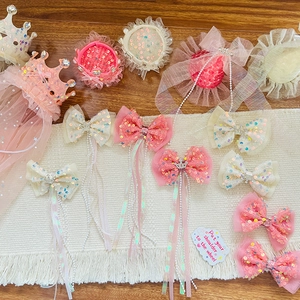 Barrettes à nœuds pailletés rose et crème avec voile en tulle et serre-tête couronne