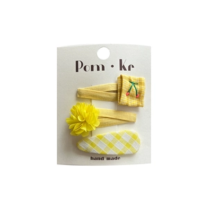 Three-piece yellow plaid and floral hair clip set with cherry embroidery for girls