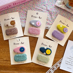 Cute Korean plaid fabric hair clips set with buttons and tweed texture for girls
