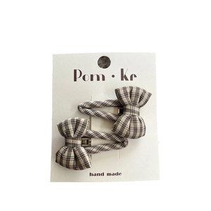 Pair of plaid bow hair clips for girls, brown check fabric handmade hair accessories
