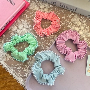 Sweet Girls Artificial Pearl Scrunchies Pastel Cloth Hair Ties Ponytail Holder Bun Accessory Handmade Hair Rings For Kids