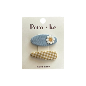 Floral plaid hair clip set with blue daisy embroidery and yellow gingham patterns