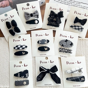 Korean Style Black White Plaid Bow Hair Clips Set For Girls Fabric Butterfly Artificial Pearl Rhinestone Barrettes Hair Accessories