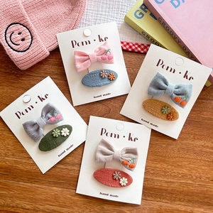 Cute Korean Style Kids Bow Flower Fabric Hair Pin Handmade Embroidery Cherry Girls Hair Accessory Bow And Oval Clip