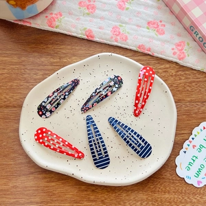 Set of 6 colorful polka dot and floral print metal teardrop snap hair clips for girls