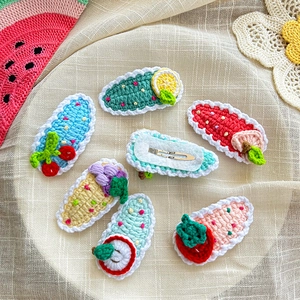 Handmade crochet fruit hair clips set in colorful macaron shades with metal duckbill clips