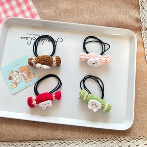 Set of four handmade knitted rabbit candy hair ties for girls in multiple sweet colors