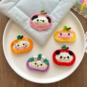 Handmade knitted animal fruit hair clips featuring panda, pig, cat, and bunny for girls
