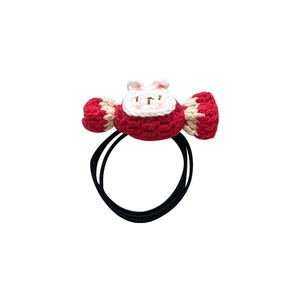 Cute handmade crochet rabbit candy hair tie for girls with red and white knit design