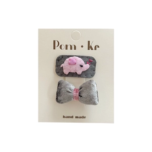 Lot de barrettes pour enfants avec broderie cochon et nœud en velours gris