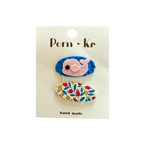 Handmade set of blue felt whale and floral fabric clips for girls hair styling