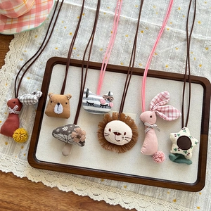 Handmade Cartoon Animal Fabric Pendant Necklace For Kids Girls Cute Cotton Stuffed Bear Lion Rabbit Pendant Sweet Neck Accessory Gift