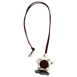 Handmade floral star necklace with cute cotton-filled plush pendant and long brown cord