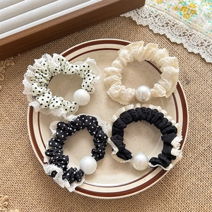 Elastici per capelli francesi retrò a pois con pizzo e grandi perle per bambine