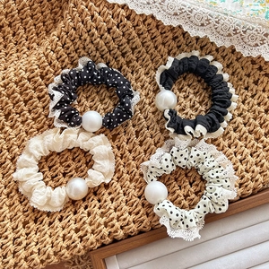 Set elastici per capelli stile francese a pois con perle finte e pizzo bianco