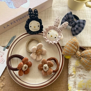Cute Cartoon Flower Bunny Bow Knot Hair Ties For Kids Girls Korean Style Fabric Plaid Elastic Hair Bands Accessories