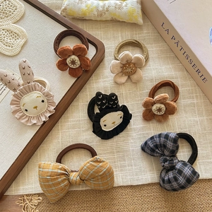 Velvet flower and rabbit bow hair tie set in corduroy and plaid for kids