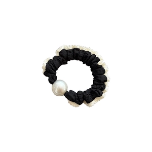 Elegante elastico per capelli in pizzo a pois con perla bianca in bianco e nero