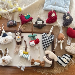 Cute handmade plush bear and heart fabric pendants with lace and pearl accents