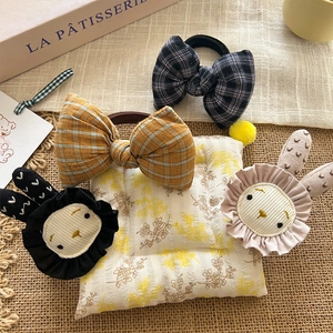 Cute velvet flower and plaid bow hair ties set for girls with cartoon animal charms