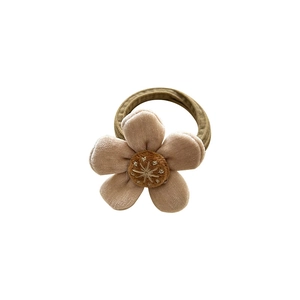 Cute velvet flower hair tie with ribbed petals and olive green elastic fabric band