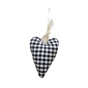 Handmade gingham heart fabric ornament with lace bow and white hanging cord