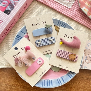 Korean Cartoon Checkered Hair Clips Sweet Cute Animal Bear Strawberry Fabric Handmade BB Side Clips For Kids Girls Hair Accessories