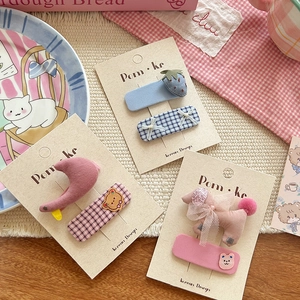 Cute Korean style cartoon plaid hair clips set with strawberry and bear fabric designs