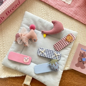 Set of 6 cute Korean style fabric hair clips with pink poodle, bear, and strawberry designs