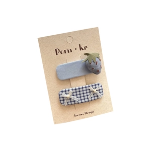 Korean style blue plaid hair clips set with cute strawberry and lace bow accents