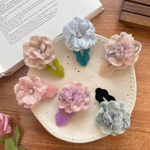 Korean Style Sweet Girls Fabric Flower Hair Clips With Rhinestone Handmade Floral Barrettes Kids Fashion Hair Accessories