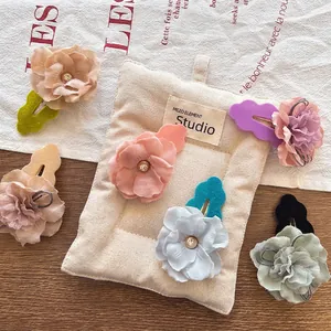 Set of 5 floral fabric hair clips with rhinestones for girls in pastel colors