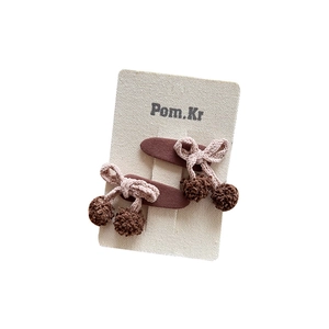 Lot de 2 pinces à cheveux en tissu marron style coréen avec nœuds roses et pompons doux