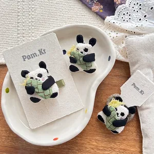 Cute plush 3D panda hair clip and hair tie set with green bamboo shoot accessory