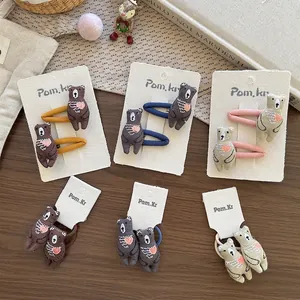 Ensemble de Barrette à Cheveux et Élastique Ours Dessin Animé Broderie Cœur pour Enfants Accessoires de Cheveux en Tissu
