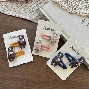 Trois ensembles de barrettes brodées ours pour enfants en marron, rose et bleu marine