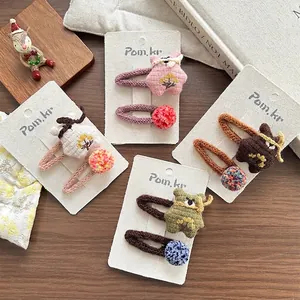 Ensemble de Barrette à Cheveux Ours de Dessin Animé en Tricot Fait à la Main Tissu Pompon Broderie Pinces BB Style Coréen Doux pour Enfants Filles