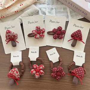 Dolci Accessori per Capelli Coreani Fatti a Mano in Tessuto a Forma di Fiore Fungo Elastici e Fermagli per Bambine Rossi a Pois