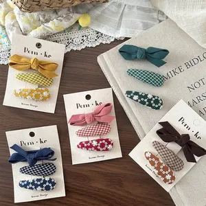 Barrettes à Cheveux en Tissu Brodé à Carreaux Floraux pour Enfants Style Coréen pour Bébés Filles Joli Nœud Papillon BB Clip Accessoires de Coiffure