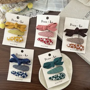 Sets de 5 barrettes à cheveux pour enfants style coréen avec nœuds et broderies à carreaux